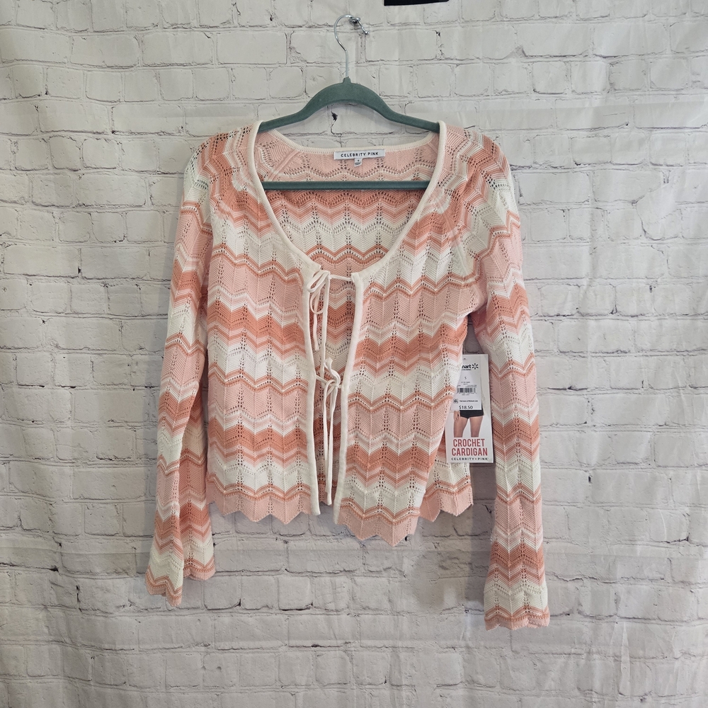 Celebrity Pink Chevron Pointelle Tie Front Bell Sleeve Cotton Crochet Cardigan